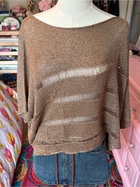 Rock & Republic Metallic Brown Open-Knit Scoop Neck Sweater
